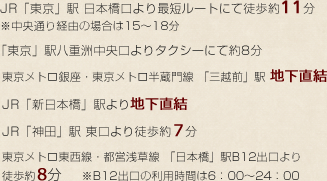 JR「東京」駅 日本橋口より最短ルートにて徒歩約11分 ※中央通り経由の場合は15〜18分 東京メトロ銀座・東京メトロ半蔵門線 「三越前」駅 地下直結 JR「新日本橋」駅より地下直結 JR「神田」駅 東口より徒歩約７分 東京メトロ東西線・都営浅草線 「日本橋」駅B12出口より 徒歩約８分 ※B12出口の利用時間は6：00〜24：00